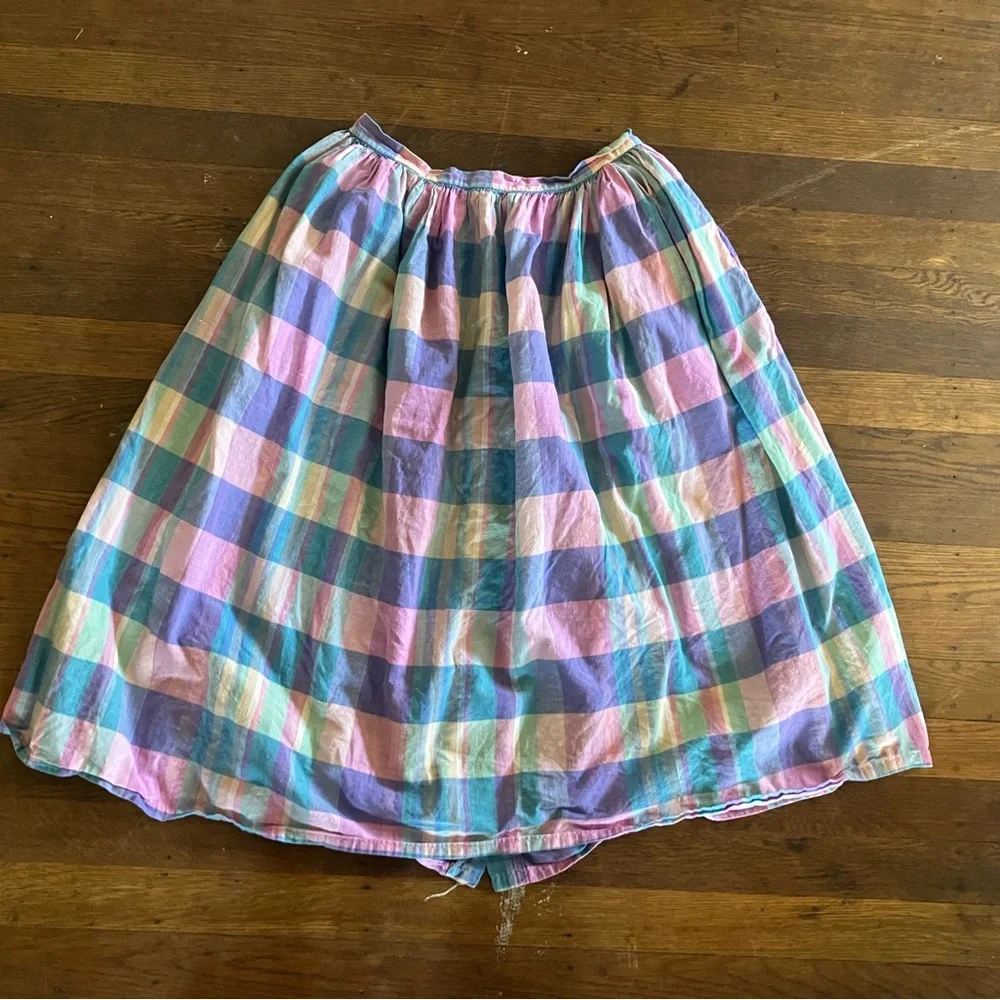 100% Vintage 80s 100% Cotton Chambray Plaid Skirt - Picture 3 of 4
